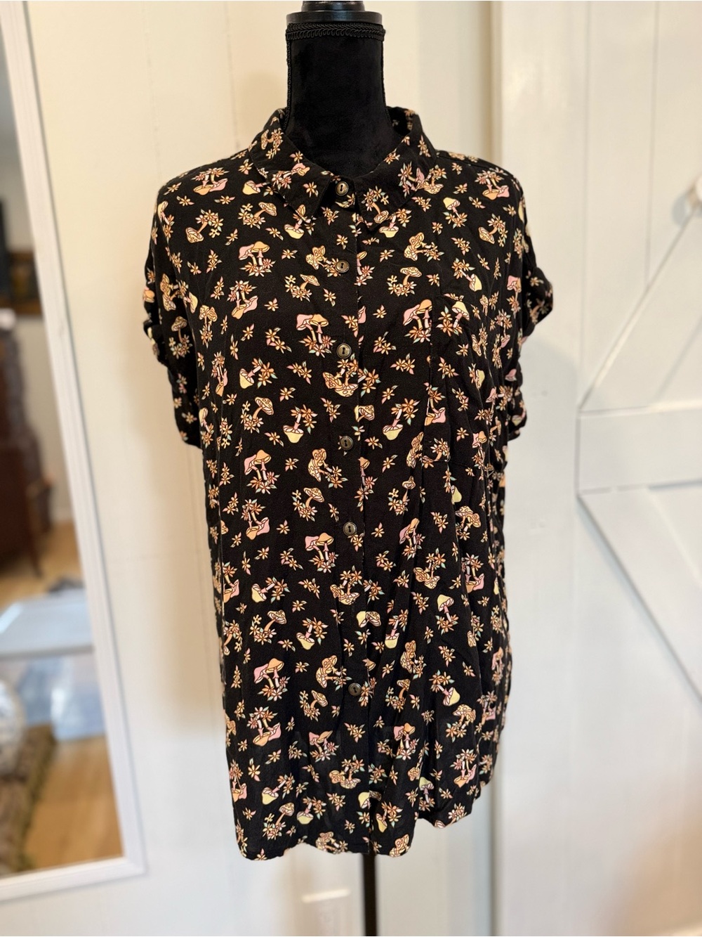 No Boundaries Black Floral Button-Down Shirt with Pink and Cream Accents
